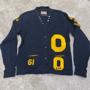 Vintage 1961 Woman’s Virgin Wool Letterman’s Cardigan Navy Blue Mascot Loggers